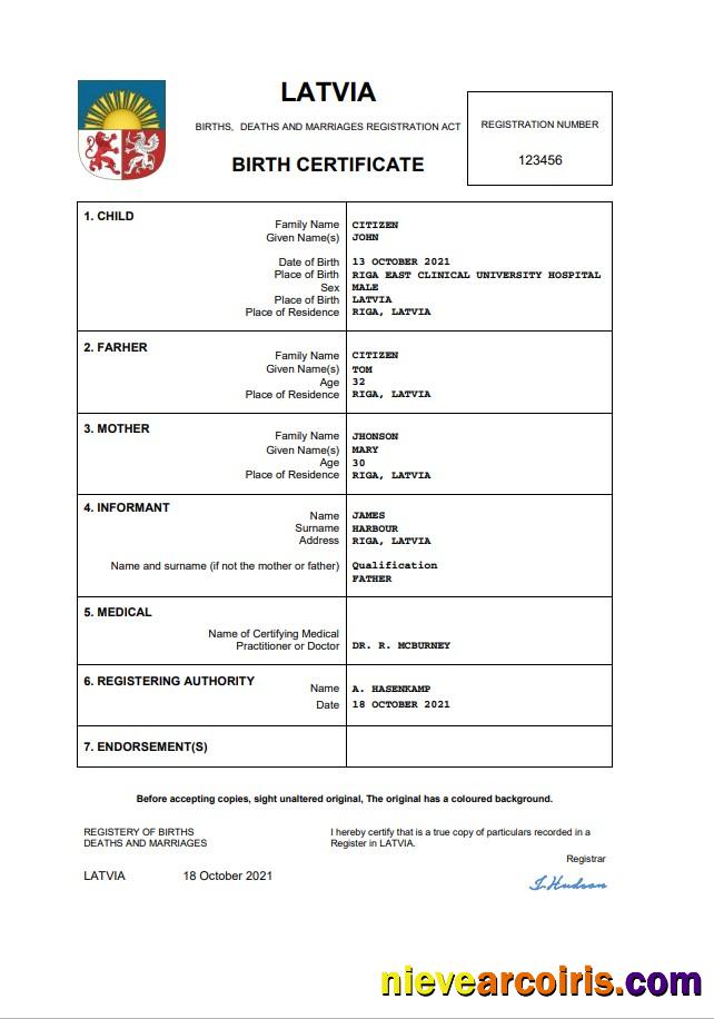 Latvia vital record birth certificate